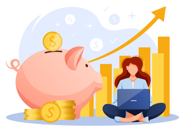 Big piggy bank, woman is sitting with laptop, graph up, stack of gold coins. Bank, budget, finance, money savings concept. Big piggy bank, woman is sitting with laptop, graph up, stack of gold coins. Bank, budget, finance, money savings concept. Isolated vector illustration for flyer, poster, banner, advertising. savings account stock illustrations