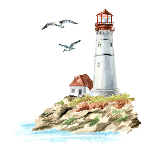 Rocks, seagulls and old lighthouse, Hand drawn watercolor illustration, isolated on white background Rocks, seagulls and old lighthouse, Hand drawn watercolor illustration, isolated on white background lighthouse drawings stock illustrations