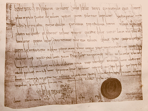 Illustration of a Facsimile of a letter of protection from Charlemagne, issued to the priest Arnold, from July 5, 772