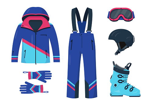 Clothes, shoes, protective helmet and mask for skiing. Bright accessories for winter sport. Set vector illustrations on white background.