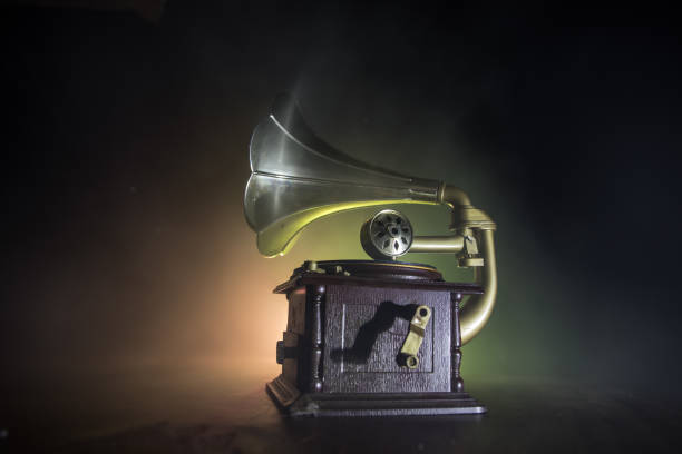 istock Old gramophone on a dark background. Music concept 1301060108