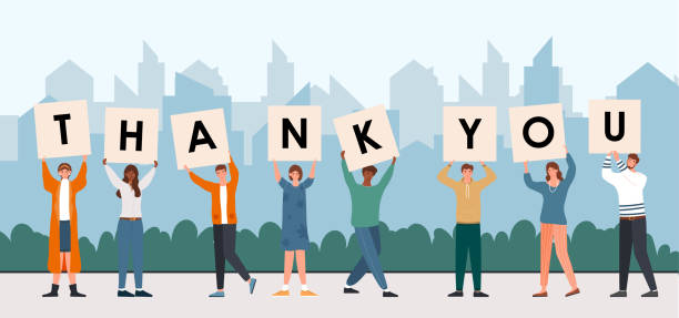 Male and female characters holding thank you sign Diverse multiethnic male and female characters are holding thank you sign. Eight people standing together in order to thank someone. Flat cartoon vector illustration thank you stock illustrations