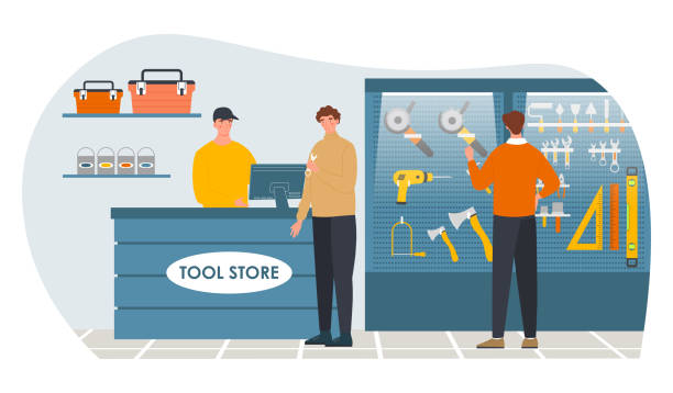 Male visitors standing in a tool store Male visitors standing in a tool store. Tool shop, construction hardware on shelf. Salesman at counter serves client and shows instruments for builders. Flat cartoon vector illustration hardware store stock illustrations
