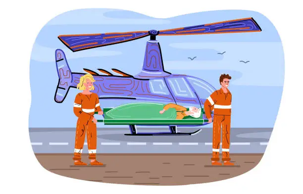 Vector illustration of Male and female medic rescuers transporting male patient to helicopter for emergency delivery to hospital