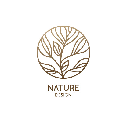 Tropical plant logo. Round emblem flower in a circle in linear style. Floral ornament. Organic design template. Vector abstract badge for design of flower shop, cosmetics, beauty, perfume, spa, yoga