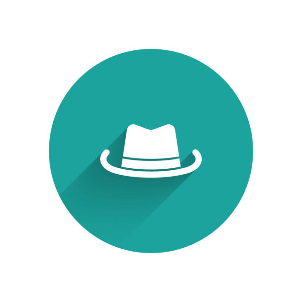 ホワイトウエスタンのカウボーイハットアイコンは、長い影で隔離されています。緑の丸ボタン。ベクトル - cowboy hat hat country and western music wild west点のイラスト素材／クリップアート素材／マンガ素材／アイコン素材
