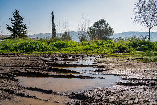 A muddy road with rainwater puddles, on a clear, sunny day, near Jerusalem, Israel