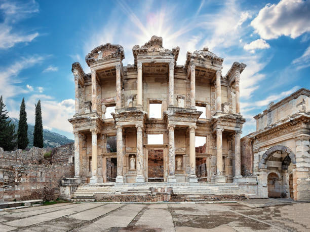istock Facade of antique library of Celsus in Ephesus under bright sun 1301066449