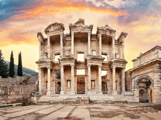 istock Facade of library of Celsus in Ephesus under dramatic sky 1301066518