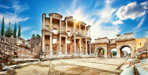 Panorama of the Library of Celsus in Ephesus in the afternoon Panorama of the Library of Celsus in Ephesus in the afternoon. Turkey. UNESCO cultural heritage celsus library photos stock pictures, royalty-free photos & images
