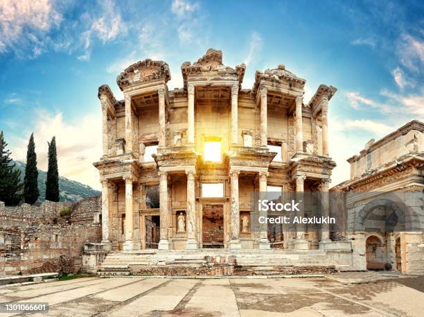 Facade Of Antique Library Of Celsus In Ephesus On Sunny Day Stock Photo - Download Image Now