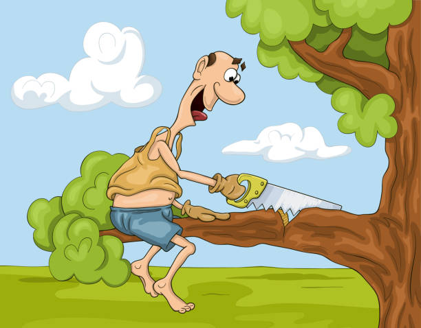 cartoon-mann mit säge auf dem baum - schussel stock-grafiken, -clipart, -cartoons und -symbole