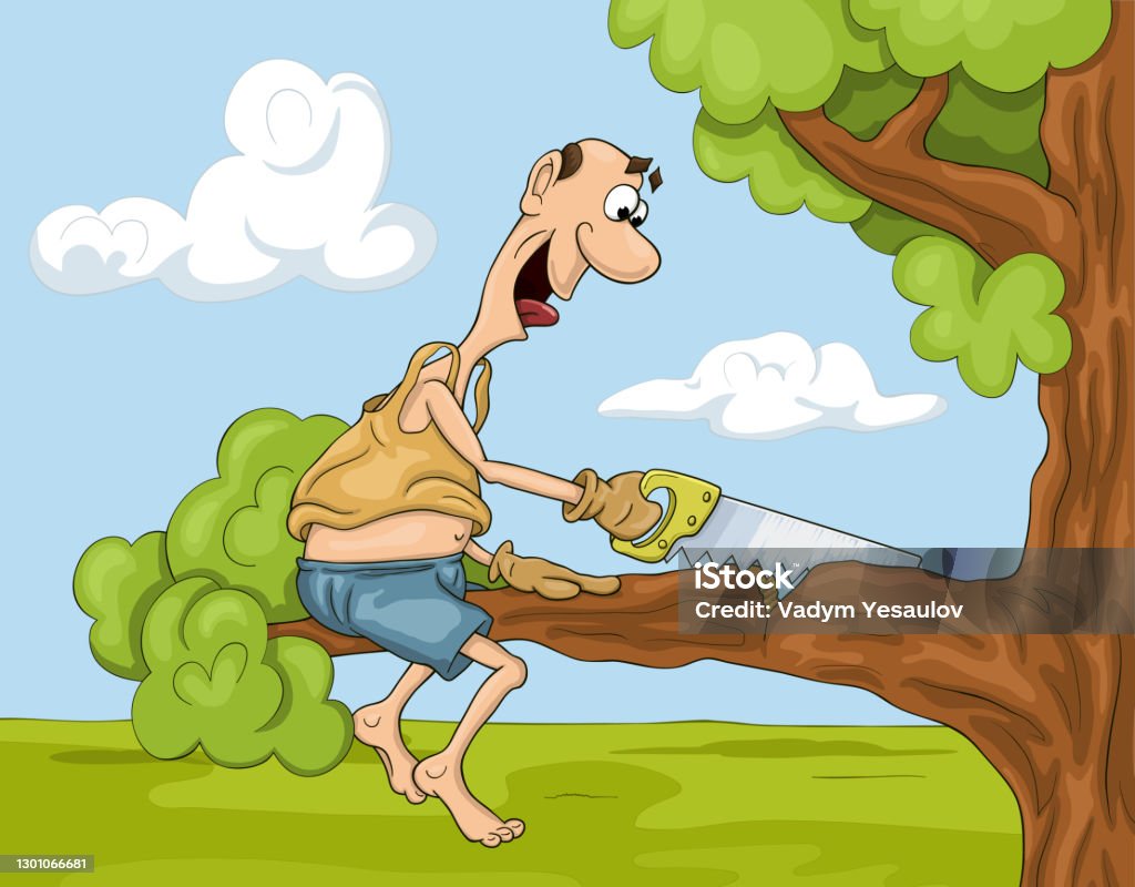 Cartoon Man With Saw On The Tree Stock Illustration - Download Image Now -  Ignorance, Tree, Cutting - iStock