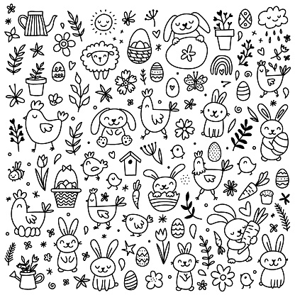 Vector Easter set with cute bunnies, chickens, flowers and eggs. Design elements and signs in cartoon style.