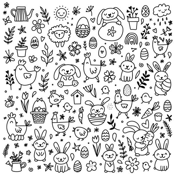 Vector Easter set with cute bunnies, chickens, flowers and eggs. Design elements and signs in cartoon style. Vector Easter doodle set with cute bunnies, chickens, flowers and eggs. Design elements and characters in cartoon style. Vector illustration. easter cake stock illustrations