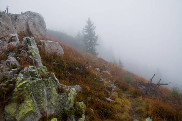 Stones and rocks on blurred background. Foggy autumn mountain landscape stock photo