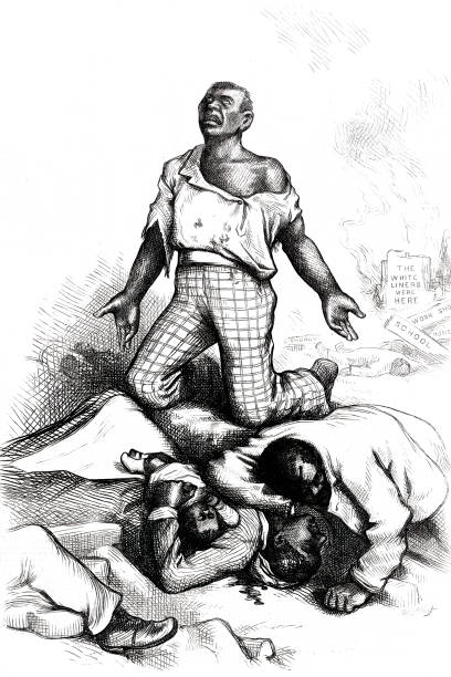 Pleading for Freedom and Equality Vintage engraving features the continued racial violence against former African-American slaves after the end of the American Civil War. american slavery stock illustrations