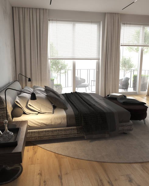 istock Minimalism modern interior design bedroom with panoramic windows. Contemporary bed with bedside tables and bedside bench. 3d rendering. 3d illustration. 1301070868
