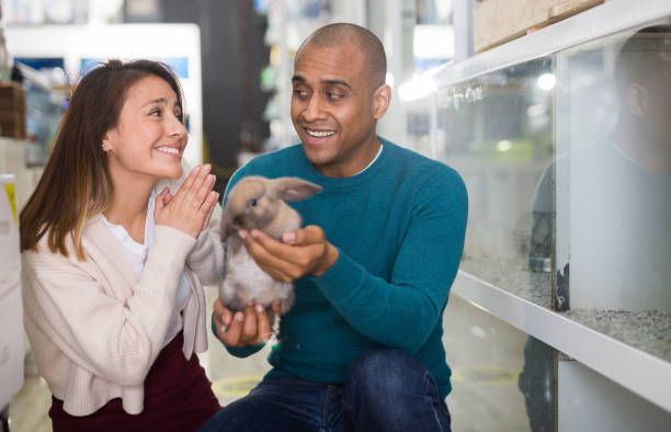 istock Happy couple holding rabbit in pet sho 1301071150