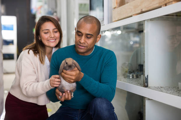 istock Happy couple holding rabbit in pet sho 1301071159