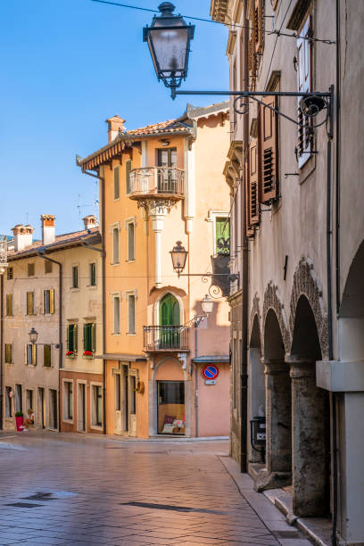 Gemona del Friuli, the Town Hall (Friuli-Venezia Giulia, Italy) Glimpse of Gemona del Friuli, a town in the Province of Udine that was almost entirely destroyed by the 1976 earthquake, but rebuilt in record time. gemona del friuli stock pictures, royalty-free photos & images