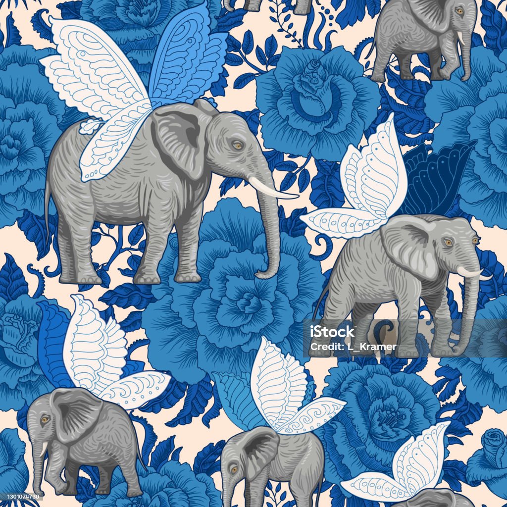 Fairy Tale Seamless Pattern From Flying Elephants With Butterfly Wings  Decorative Dark Blue Rose Flowers On A Beige Background Wallpaper Batik  Boho Textile Print Chintz Animal Illustration Stock Illustration - Download  Image