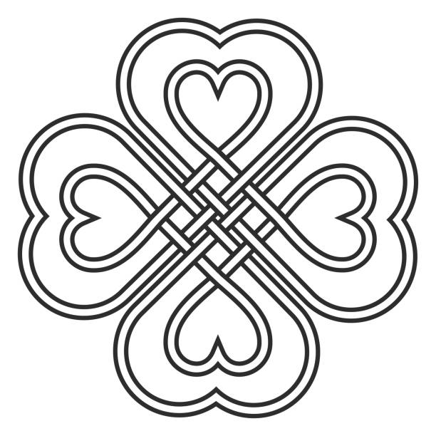 Celtic heart knot in the shape of a clover leaf bringing good luck and love vector knitted heart knot Celtic heart knot in the shape of a clover leaf bringing good luck and love, vector knitted heart knot celtic shamrock tattoos stock illustrations