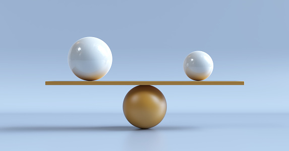 3d render, balancing balls placed on scales or weigher, isolated on blue background