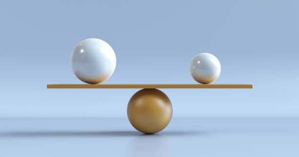 3d 渲染，放置在秤或稱重器上的平衡球，隔離在藍色背景上 - balance 個照片及圖片檔