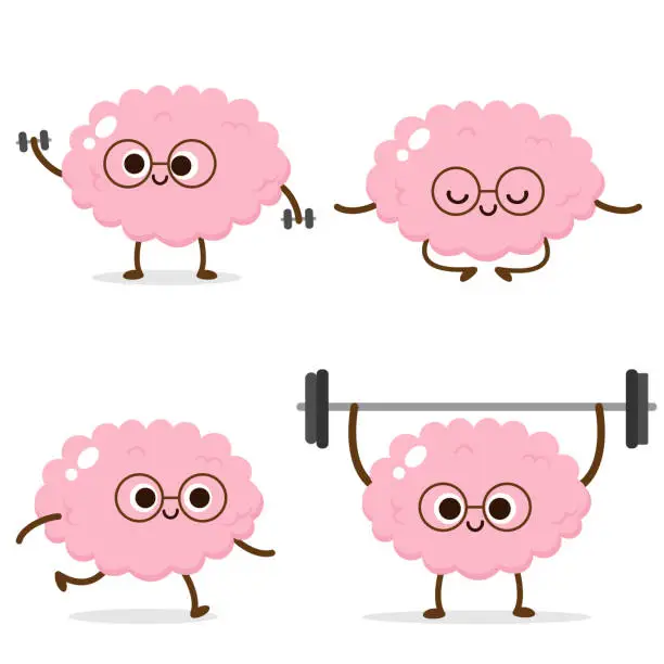 Vector illustration of Cartoon human brain running, weight lifting, meditating