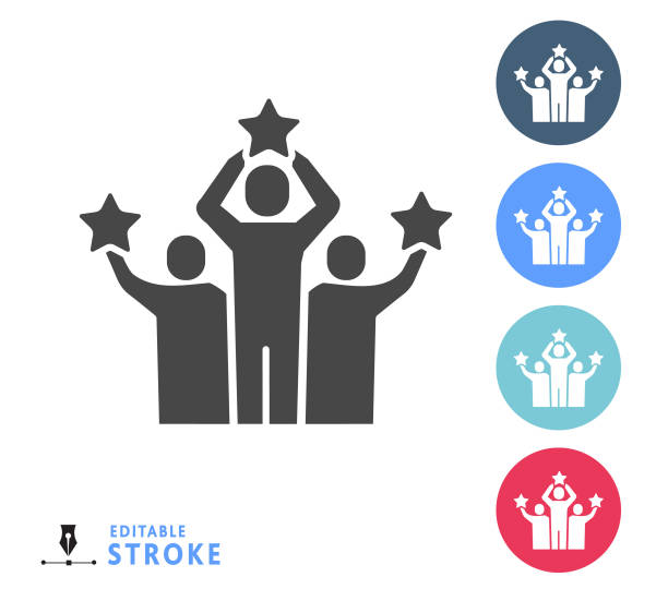 Awards Trophies and winning team holding stars themed icon set Vector illustration of a award, trophy and winning themed icon on white. No white box below. Fully editable stroke outline for easy editing. Simple set that includes vector eps and high resolution jpg in download. blue cup stock illustrations