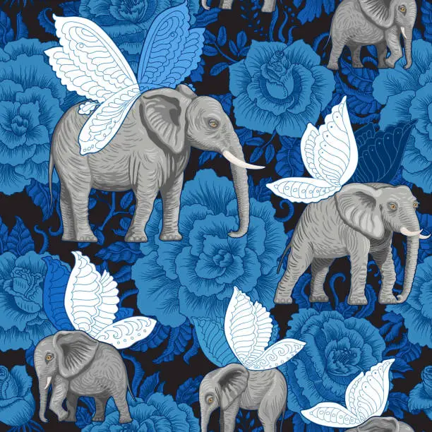 Vector illustration of Fairy tale Seamless pattern from flying elephants with butterfly wings, decorative dark blue rose flowers on a black background. Wallpaper, batik, boho textile print, chintz, animal illustration