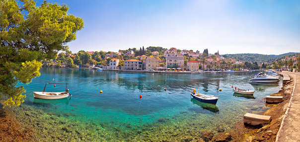 Village of Splitska on Brac island seafront and landmarks panoramic view, Dalmatia archipelago of Croatia