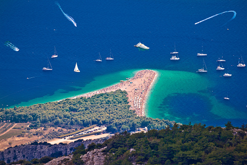 Famous beach of Zlatni Rat in Bol aerial view, Island of Brac, Dalmatia region of Croatia