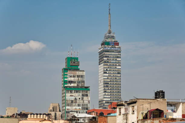 Exterior of high rise building Latin American Tower or Torre Latinoamericana situated in downtown of Mexico City against blue sky, Mexico, in January 25, 2021