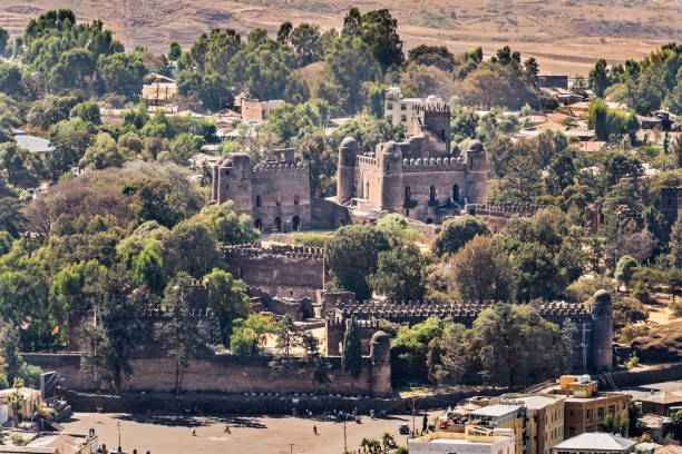 Historic Fasilides castle in Gondar, Ethiopia Aerial view at the historic Fasilides castle in Gondar in Ethiopia ethiopia city stock pictures, royalty-free photos & images