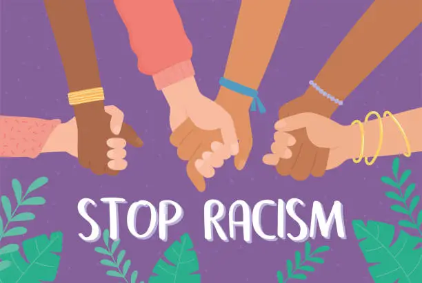 Vector illustration of hands of different races holding together, stand up for equal rights