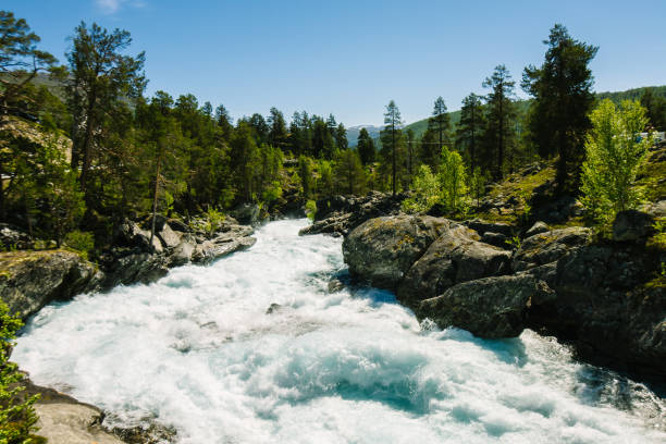 Scenery with croocked mountain river in Northern Norway and its rocky coastline.