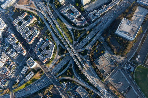 Los Angeles Harbor 110 and Hollywood 101 freeway interchange traffic in Southern California.