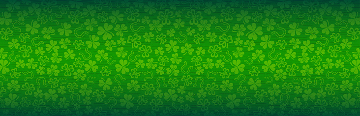 Green Patrick's Day greeting banner with green clovers. Patrick's Day holiday design. Horizontal background, headers, posters, cards, website. Vector illustration