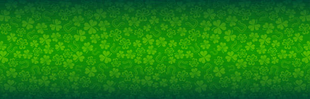Green Patrick's Day greeting banner with green clovers. Patrick's Day holiday design. Horizontal background, headers, posters, cards, website. Vector illustration Green Patrick's Day greeting banner with green clovers. Patrick's Day holiday design. Horizontal background, headers, posters, cards, website. Vector illustration shamrock stock illustrations