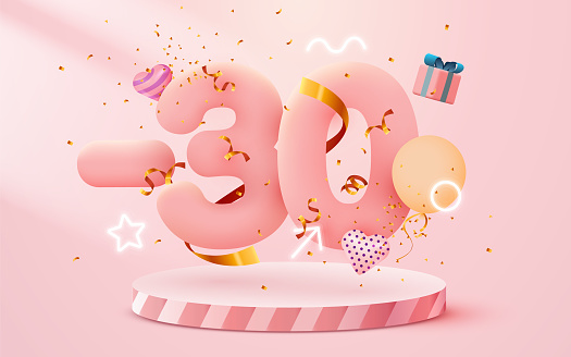 30 percent Off. Discount creative composition. 3d sale symbol with decorative objects, heart shaped balloons, golden confetti, podium and gift box. Sale banner and poster. Vector illustration.