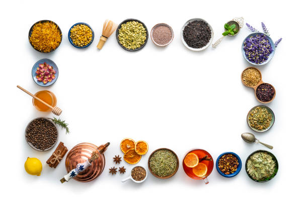 Tea and herbal infusion with dried herbs isolated on white background with calendula, rose petals, mint leaves, cinnamon sticks, matcha tea, dried orange, with mint tea, ginger, lemon, black tea, hibiscus, chamomile, bancha, green tea, mallow, cardamom, anise, chai tea, Jamaican Allspice, and teapot in border frame