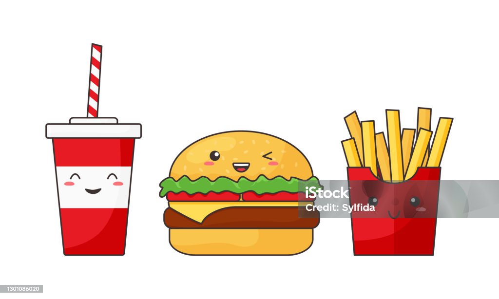 Cartoon Vector Fast Food Kawaii Funny Cheeseburger Cola And French Fries  Cute Character Happy Caricature American Breakfast Menu Delicious  Illustration Stock Illustration - Download Image Now - iStock