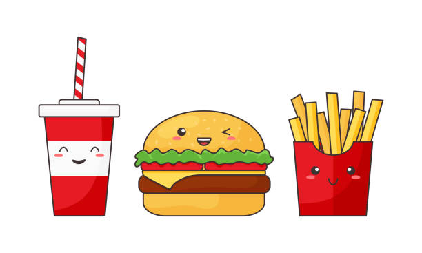 Cartoon vector fast food kawaii, funny cheeseburger, cola and french fries, cute character, happy caricature. American breakfast menu. Delicious illustration Cartoon vector fast food kawaii, funny cheeseburger, cola and french fries, cute character, happy caricature isolated on white background. American breakfast menu. Delicious illustration french fries stock illustrations