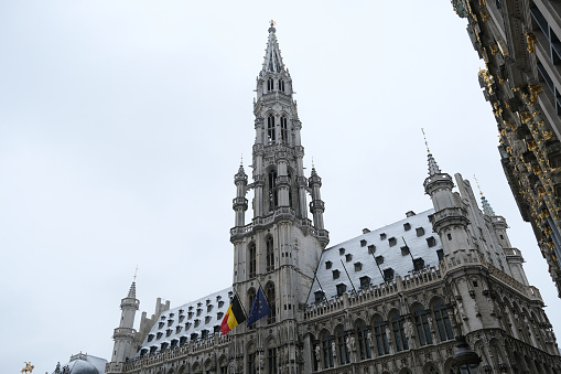 View of the snow-covered  Grand Place or Grote Markt which is the central square of Brussels, Belgium on February 7th, 2021.