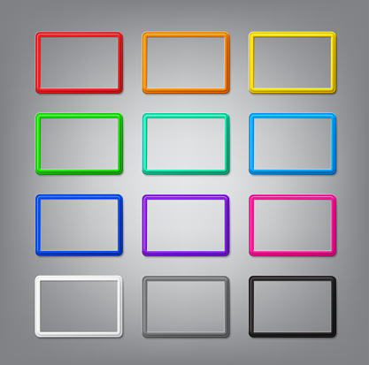 Set of colored horizontal frames with shadows and rounded corners are blank mockup. Vector template is perfect for presentations, photos and pictures, albums and scrapbooks