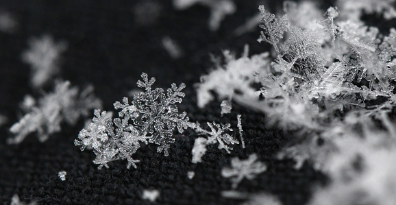 Snowflakes that have settled on the sleeve fabric of my winter overcoat