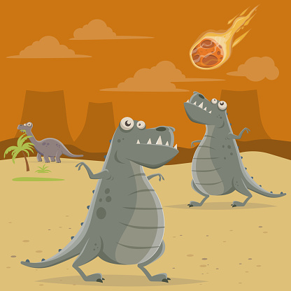 Cartoon Illustration Of A Big Asteroid Falling Down On Dinosaurs Stock  Illustration - Download Image Now - iStock