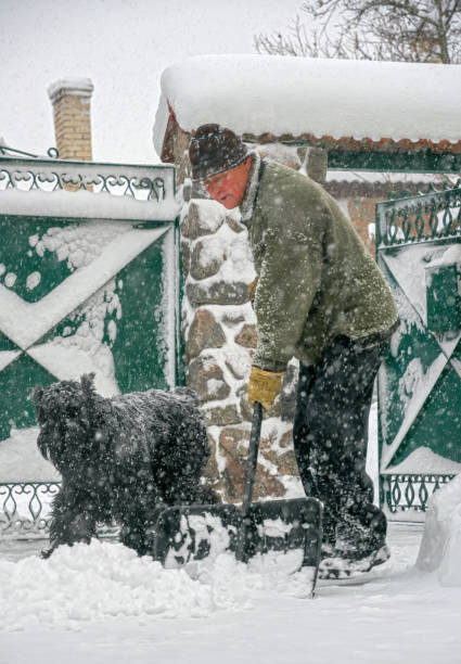 istock Man with a shovel cleans the track from the snow 1301090341